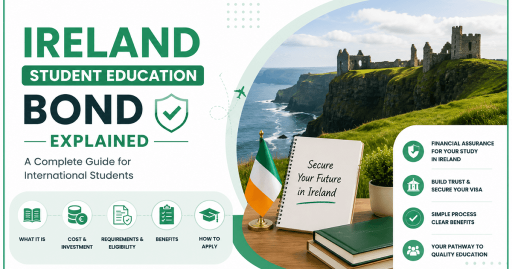 Ireland Student Education Bond Explained banner featuring Irish cliffs, an Ireland flag, books, and information for international students.
