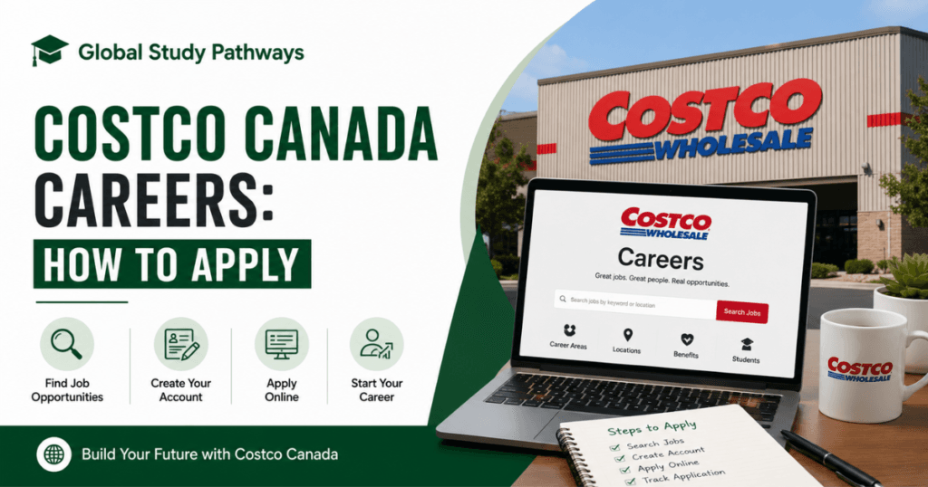 Costco Canada careers banner featuring Global Study Pathways branding, Costco job application page, and information on how to apply for jobs in Canada.