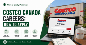 Costco Canada careers banner featuring Global Study Pathways branding, Costco job application page, and information on how to apply for jobs in Canada.