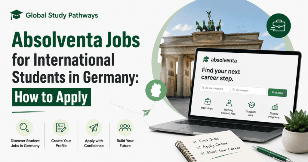 Absolventa jobs for international students in Germany banner featuring Global Study Pathways branding, Absolventa job search platform, Germany landmarks, and job application information