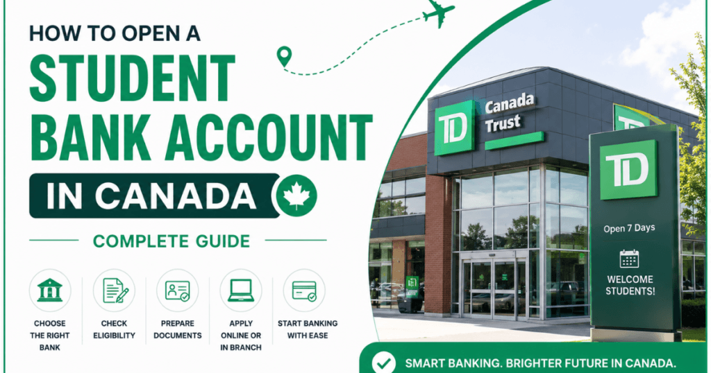 Student bank account in Canada guide banner featuring a Canadian bank building and information for international students.