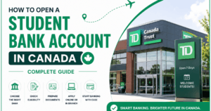 Student bank account in Canada guide banner featuring a Canadian bank building and information for international students.