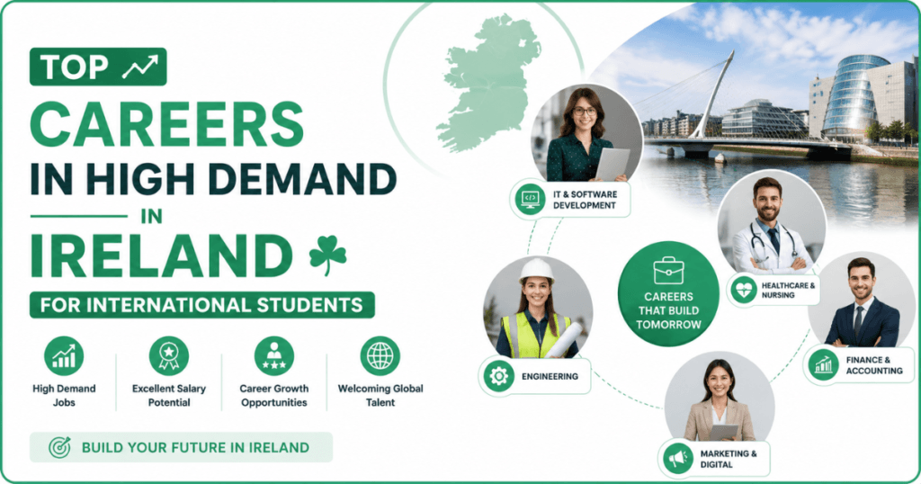 Top careers in high demand in Ireland for international students banner featuring jobs in IT, healthcare, engineering, finance, and marketing