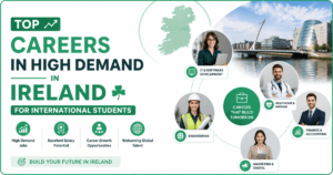 Top careers in high demand in Ireland for international students banner featuring jobs in IT, healthcare, engineering, finance, and marketing