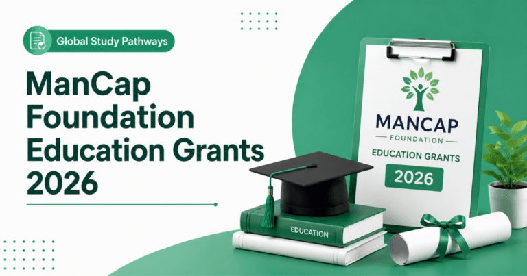 ManCap Foundation Education Grants 2026 featured image with Global Study Pathways branding, graduation cap, books, diploma, and education grant application theme in green and white.