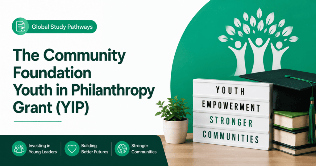 The Community Foundation Youth in Philanthropy Grant (YIP) featured image with Global Study Pathways branding, graduation cap, books, and community empowerment theme in green and white.