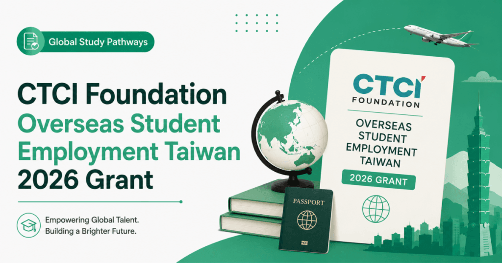 TCI Foundation Overseas Student Employment Taiwan 2026 Grant featured image with Global Study Pathways branding, passport, globe, books, and Taiwan study abroad theme.