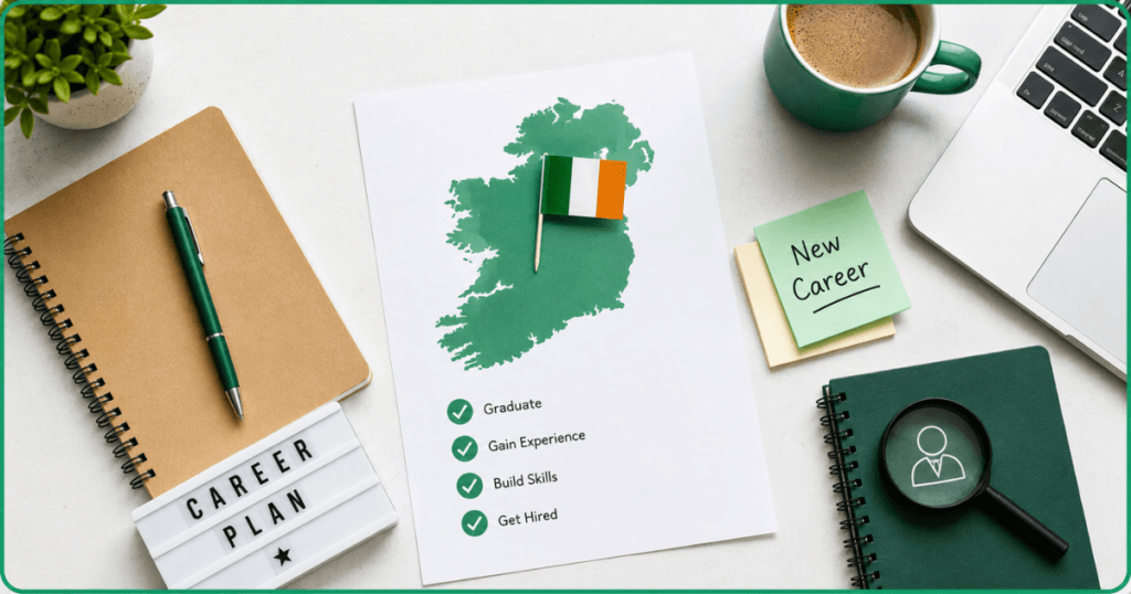 How to Get a Job in Ireland After Graduation: A Guide for International Students featuring Career planning workspace with Ireland map, notebook, laptop, and job search checklist.