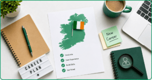 How to Get a Job in Ireland After Graduation: A Guide for International Students featuring Career planning workspace with Ireland map, notebook, laptop, and job search checklist.