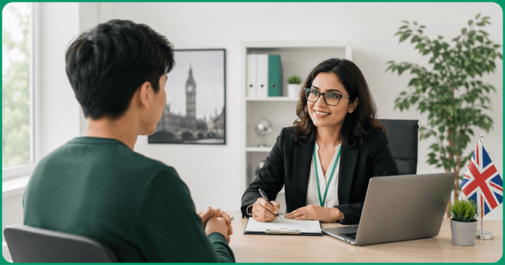 An interviewer and an applicant to represent How to Pass the UK Credibility Interview for a Student Visa in 2026