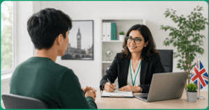 An interviewer and an applicant to represent How to Pass the UK Credibility Interview for a Student Visa in 2026