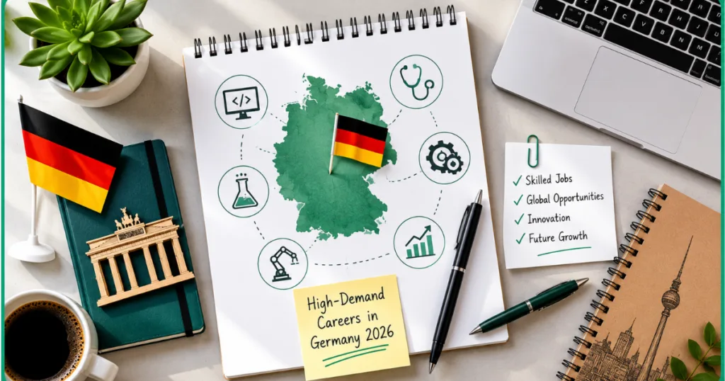 Germany's flag with a large note book with various career icons to represent High-demand Careers to Consider in Germany in 2026 for International Students