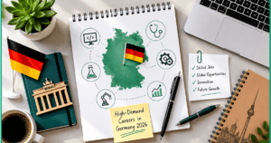 Germany's flag with a large note book with various career icons to represent High-demand Careers to Consider in Germany in 2026 for International Students