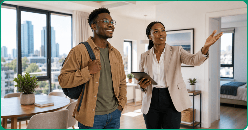 A student and a house agent to represent How to Find Student Accommodation in Australia: A Complete Guide for International Students