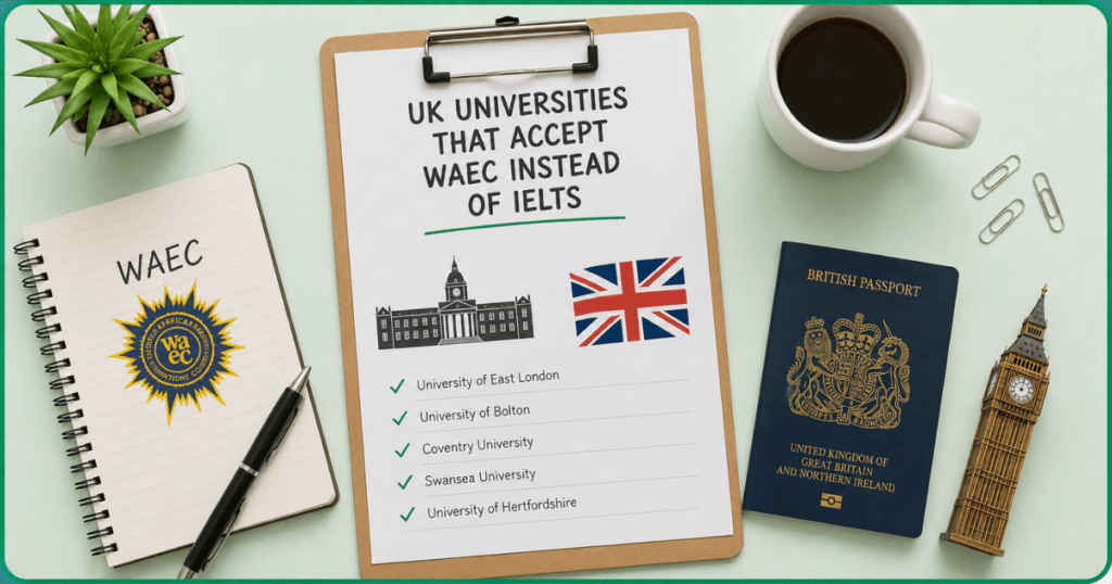 Passport, WAEC notebook and chart with universities to represent UK Universities That Accept WAEC Instead of IELTS.