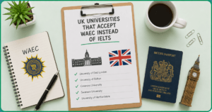 Passport, WAEC notebook and chart with universities to represent UK Universities That Accept WAEC Instead of IELTS.