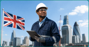 An engineer and the UK flag to represent Can You Stay and Work in the UK After Graduation?