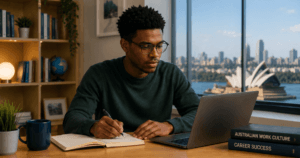 A student sitting in his room with the Australian icon behind him to depict How to Stay and Work in Australia After Graduation As An International Student