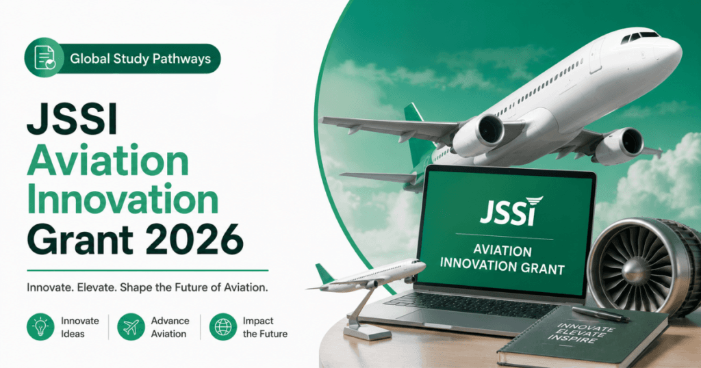 JSSI Aviation Innovation Grant 2026 featured image with Global Study Pathways branding, airplane, aircraft engine, laptop, and aviation innovation theme.