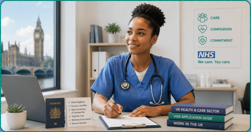 Healthcare worker completing UK Health and Care Worker visa application documents.