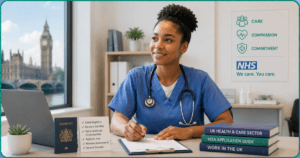 Healthcare worker completing UK Health and Care Worker visa application documents.
