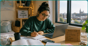 A student in their room with a laptop, calculator and books on the table to represent How to Study Abroad on a Low Budget in 2026.