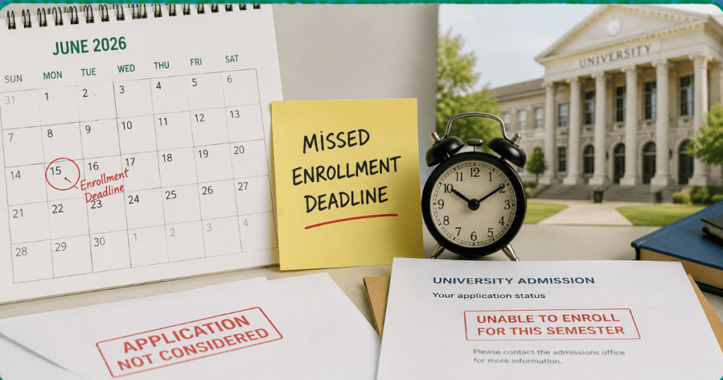 A university, clock, calender and notes that says What Happens If You Miss Your University Enrollment Deadline?