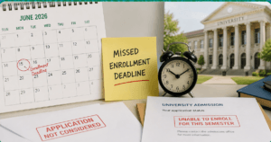 A university, clock, calender and notes that says What Happens If You Miss Your University Enrollment Deadline?