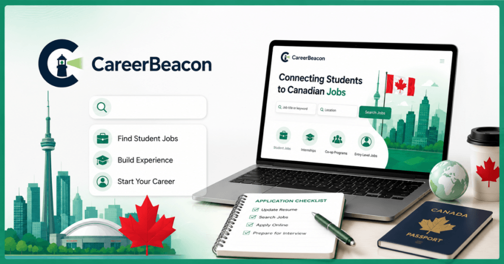 A laptop to show Career beacon, Candaian flag, passport, notebook and pen