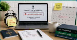 A laptop with application delayed written on it, with a passport, a notebook and pen with a to do lists and a calendar to show What Happens If Your Student Visa Is Delayed?