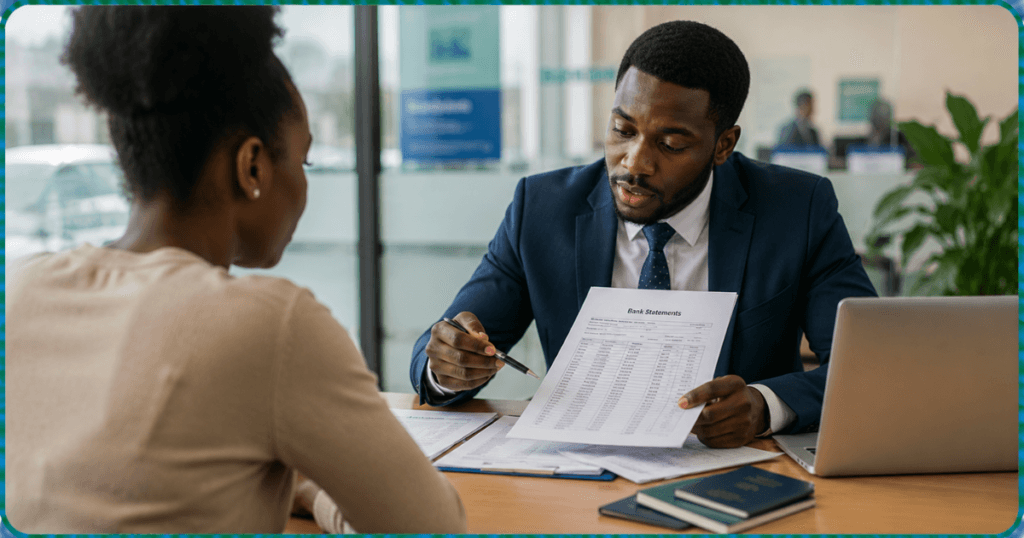 A bank employee walking a student through on how to use multiple bank accounts as financial proof for student visa