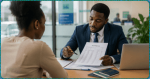 A bank employee walking a student through on how to use multiple bank accounts as financial proof for student visa