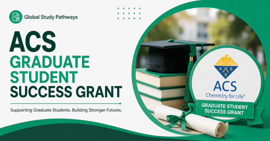 A graduant cap on a stake of books with the words ACS Graduate Student Success Grant 2026 on the side