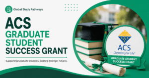 A graduant cap on a stake of books with the words ACS Graduate Student Success Grant 2026 on the side