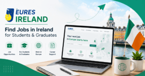 A laptop, mug, laptop and writing materials for EURES Ireland Jobs for Students and Graduates.