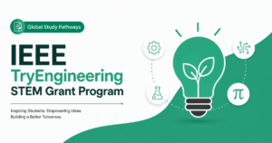 IEEE TryEngineering STEM Grant Program with a large bulb with icons on the side.