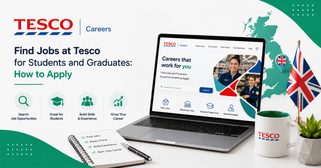 A laptop, tea cup and the united Kingdom flag for Tesco Careers