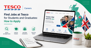 A laptop, tea cup and the united Kingdom flag for Tesco Careers