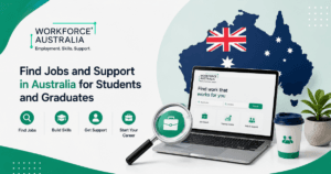 A laptop, search icon, a cup and flower pot to represent How to Find Student Jobs in Australia Using Workforce Australia