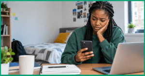 A student at her desk searching for How to Spot a Student Accomodation Scam