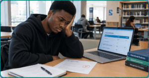 A student looking sad with their course results on the table to represent What Happens If You Fail a Course as an International Student?