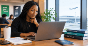 A student looking through their laptop at the airport for Can a Student Job Help You Get a Graduate Job Abroad?