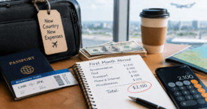 A list of expenses, money, bag and coffee cup for first month abroad costs