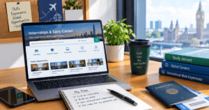 A laptop on the table with a coffee cup and passport for how internationals can gain work experience