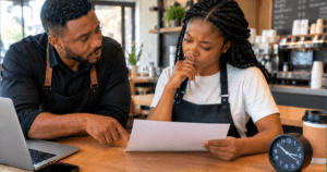 Staff in a cafe looking through a work schedule for student visa work hours