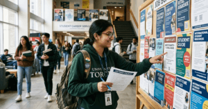 A student looking at the job board in the campus for How to Find a Part-Time Job as an International Student