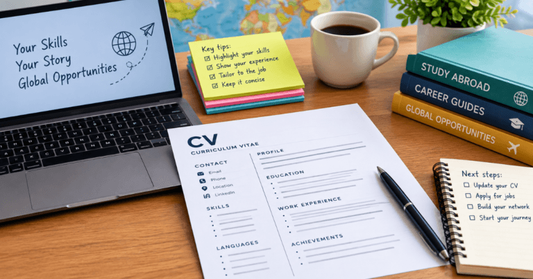 A laptop, CV with pen and sticky notes with a cup of coffee on the table for How to Write a CV as an International Student