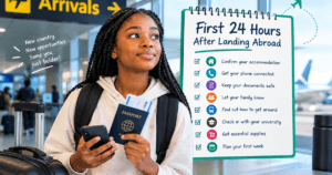 A student holding their passport and luggae in the airport for First 24 Hours Abroad: What International Students Should Do