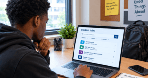 A student browsing through their laptop for student jobs for How to Find a Student Job Without Local Work Experience