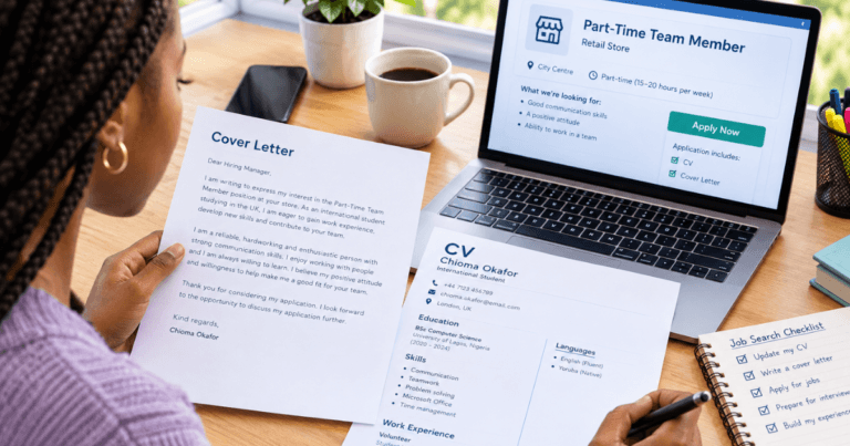 A student looking through her CV, cover letter and job adverts on the laptop for Do International Students Need a Cover Letter for Part-Time Jobs?